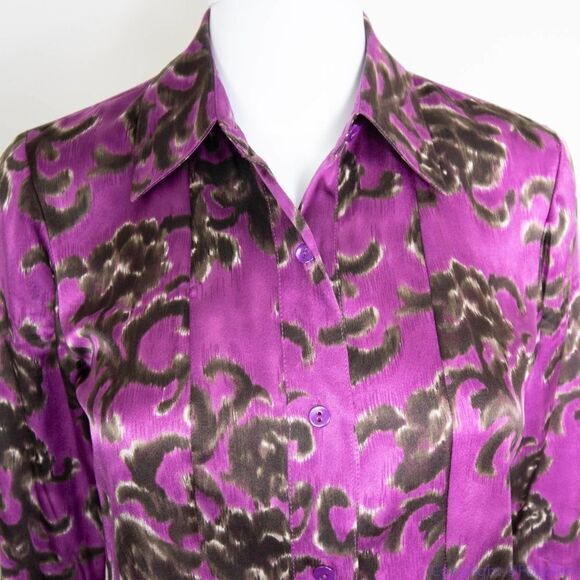 Linda Allard Ellen‎ tracy silk floral print purple shirt, size Petite 2 - Picture 4 of 16